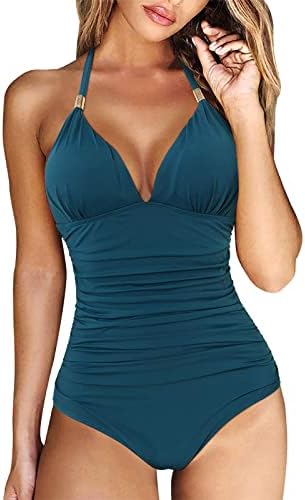Women'sенски руширан скриен стомак, едно парче, костим за капење, Halter v вратот, цврста боја за капење костуми 2023 летна облека за пливање