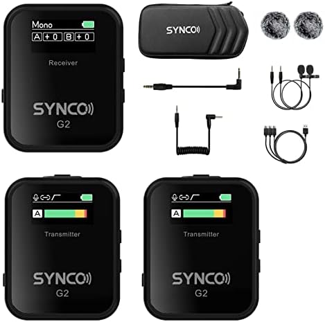 Synco G2-A2 лавалиер микрофон систем, 2,4G безжичен микрофон и 492ft/150m стабилен менувач на видот за vlogging youtube одете безжично