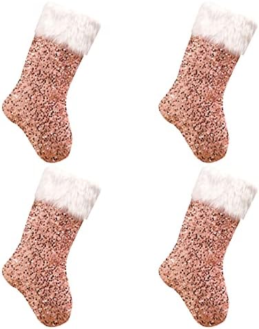 Божиќни чорапи на Weimay 4 компјутери, секвенциран кадифен бел граничен божиќни чорапи Божиќ Декорација за декорација на подароци за декорација