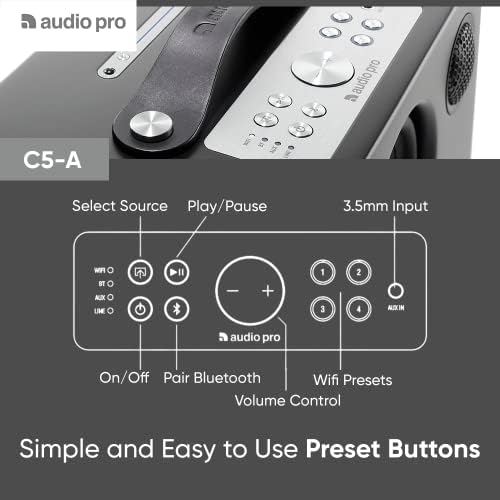 Audio Pro Addon C5A паметен звучник | Вграден, контролиран со глас, компактен, висока верност, WiFi, Bluetooth, безжичен мултиром | Сиво