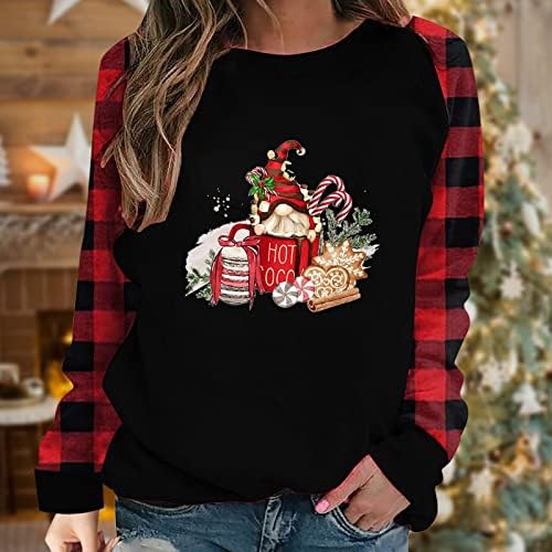 Божиќни кошули на CJHDym за женски Божиќни печатени карирани долги ракави, спојувајќи ги врвовите на туниката О-вратот маица пулвер