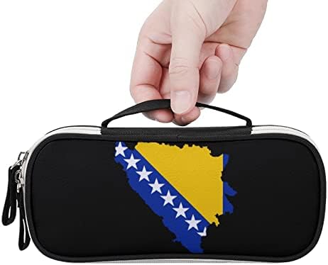 Знамето на Босна со мапа ПУ кожа со молив со молив, организатор за чанти за чанти за шминка, преносна канцелариска торба за канцелариски