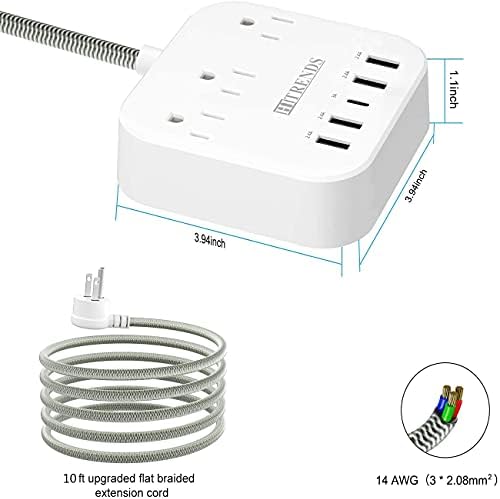 Енергетска лента, заштитник на хитрендс со 3 продажни места 4 USB порти и 1 порта за тип-C, аголен рамен приклучок, кабел за продолжување на