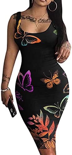 HCJKDU секси фустан за жени широк лента без ракави без ракавици миди фустани цветни печати тенок вклопување летен резервоар фустан