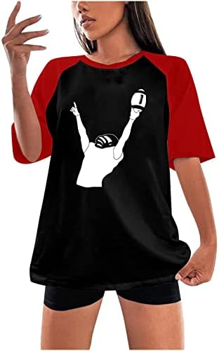 Бејзбол графички маички дами Raglan во боја блок со кратки ракави маици лето кратки ракави тркалезни вратот лабаво вклопни врвови