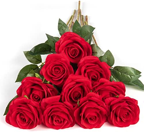 Духаус 10 парчиња лажни рози вештачки свилени цвеќиња faux роза цвет долг стебла букет за аранжман свадбен центар за забава домашна кујна