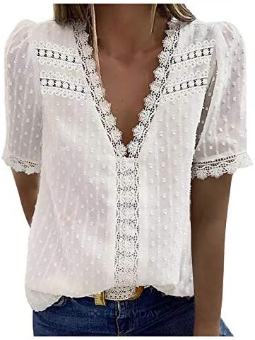 Обични летни врвови за жени со кратки ракави чипка од блуза мода цврста боја маички за гроздобер тунични врвови плус големина