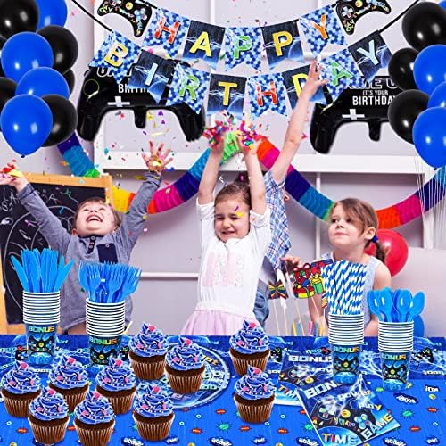227 п.п. Сина видео игра за забави служи 25, украси за роденденска забава на гејмер за момчиња, сетови за прибор за јадење, покритие