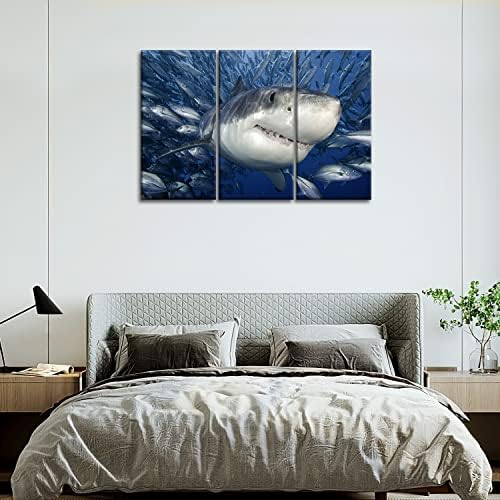 3 парче сина wallидна уметност сликарство ајкула фаќање риби слики отпечатоци на платно животно, масло за декор на слика за дома модерна декорација