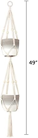 Mkono Macrame Double Plant Hanger Hendoor Outdoor 2 Tier Hanging Planter Basket Coutter Coutmon Cotton Rope со мониста 4 нозе 49 инчи