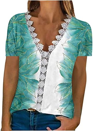 2023 летни врвови за жени мода цветни печатени чипка за крпење V-врат пуловер лабава лежерна маичка за блуза маички