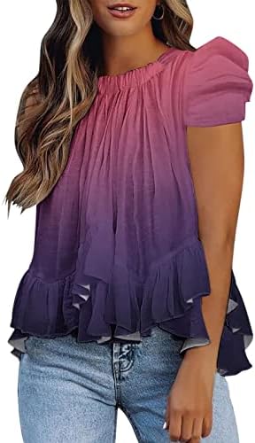 Женски Цветни Печатење Нивоа Рушени Блузи За Скриј Стомак, Лабава Вклопуваат Против Вратот Кратки Ракави Блузи, Течни Летни Маици
