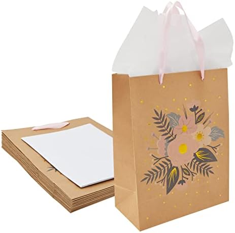 Juvale 12 пакувања Крафт хартија цветни торби за подароци со рачки со ленти + 20 листови хартија за ткиво за невестински туш, чајна забава,