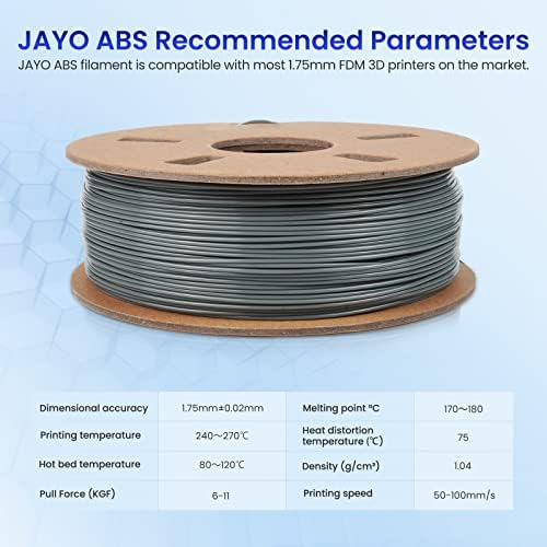 Филамент за печатач на Jayo ABS 3D, филамент на ABS отпорен на удар и топлина 1,75 mm Димензионална точност +/- 0,02 mm, 0,65kg картонски