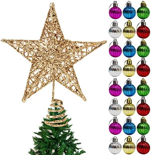 wexpw Блескав Ѕвезда Елка Врвот, 6 Инчен Метална Жица Злато Ѕвезда Дрво Со 24 парчиња Мини Божиќ Виси Топки Орнаменти, Божиќ Сјајот Ѕвезда