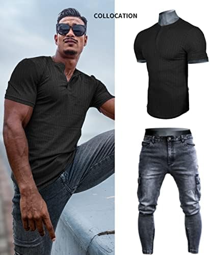 Muscle CMDR машка ребра Хенли кошула тенок фит памук кратка/долга ракав обична маица