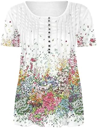 Плус големина на врвови за жени мода цветни печатени маички лабави кратки ракави против вратот Хенли маичка копче Туника на врвни блузи