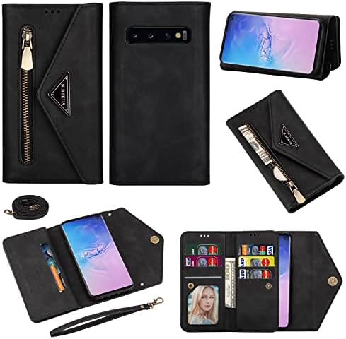 Фуетичен паричник кутија за Samsung Galaxy S10 Plus Кожа од чанта чанта чанта чанта со држач за кредитна картичка, лента за рамо и лента