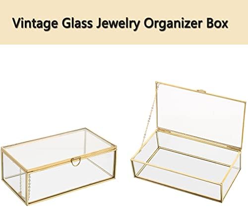 Натгаи бакар златно гроздобер стакло стакло за кутија Декоративен накит Организатор на приказ на приказ на јасен правоаголник