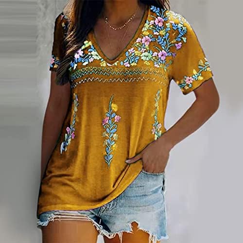 Massionенска модна маица етнички цветни печати Туника врвови против вратот Кратки ракави Топчиња 2023 летни обични блузи