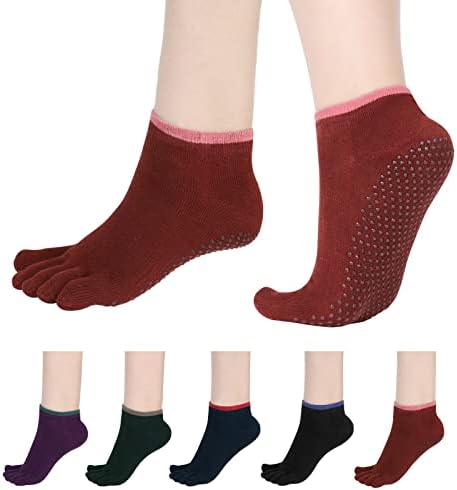 Аугус 5 парови чорапи со јога пети за жени со пет чорапи со прсти со зафатни пети кои не се лизгаат бари чорапи, памучни анти-лизгачки фитнес