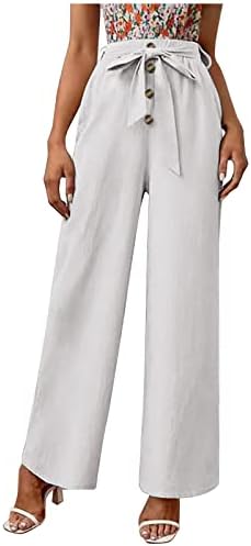Lенски летен памук и постелнина панталони за летни панталони на половината на половината со широка нозе лабава панталони со должина на