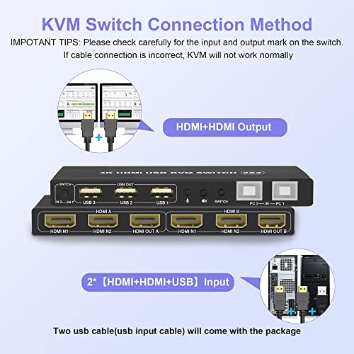 Двоен Монитор HDMI Kvm Прекинувач 2 Порта 4K@60HZ, Продолжен ДИСПЛЕЈ HDMI Монитор Прекинувач 2 во 2 Надвор СО USB И Аудио Порта, Двојна HDMI