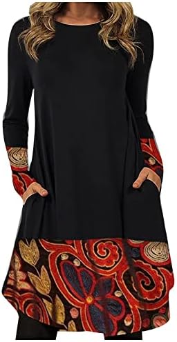 Otsенски џемпер фустани 2022 обичен печатен тркалезен врат пуловер лабав фустан со долги ракави облеки од џемпер