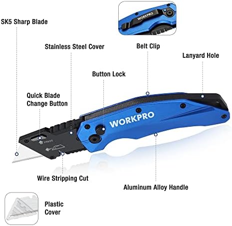 WorkPro нож за преклопување на комунални услуги, метал со тешки метали, брза отворена оска за заклучување кутија, нож за бришење на сечилото