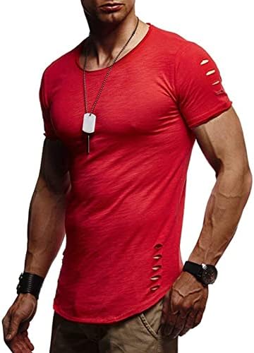 Машка тенок кратки ракави искинати екипаж маица лето искинати мускулни кошули врвови на маица со кратки ракави маица