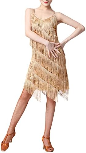 Womenените Sequin Tassel Flapper фустан без ракави, јака, искра, латински фустани Салса Ча-Ча џез танцови костуми