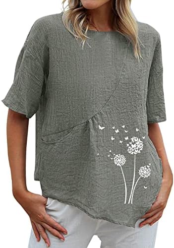 Џебови врвови за жени памучни постелнина маички за кратки ракави летни глуварчиња печати лабава удобна екипаж Туника блуза