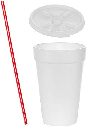 Tezzorio 16 мл чаши со бела пена со Lift'n'Lock капаци и мешалки, чаши за пиење од пена за еднократна употреба, за да одите чаши за