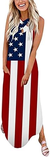 4 јули Макси Фустан За Жени Лето Секојдневно Знаме На САД Боемски Фустан Крст Без Ракави Патриотски Долг Сарафан