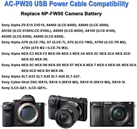 TKDY AC-PW20 USB Адаптер за континуирана моќност NP-FW50 ZV-E10 Dummy Battery за Sony Alpha ZVE10 A6400 A6000 A6100 A5100 A7 A7II камери.