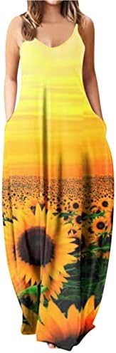 Zpervoba макси фустани за жени сончоглед печатени летни фустани секси v вратот шпагети лента каросерија должина на подот