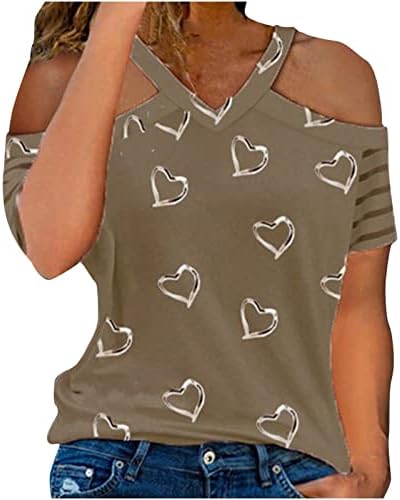 Womenените есен лето маичка 2023 Краток ракав vneck Графички срцев шарен врвен кошула за девојчиња YC YC