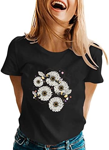 Мека памучна маица со долги ракави жени жени пролетни летни пчели печатени кратки ракави o компресија долг ракав