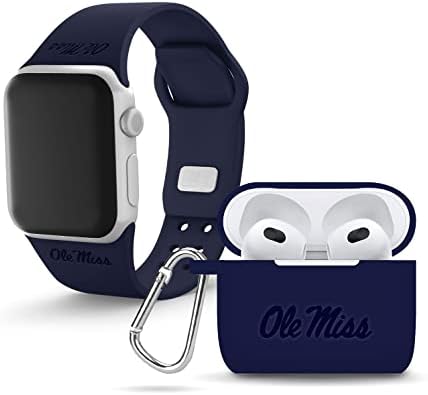 Афинитет бендови Мисисипи Оле Мис Бунтовниците врежани силиконски комбо пакет компатибилен со Apple Watch и AirPods Gen 3