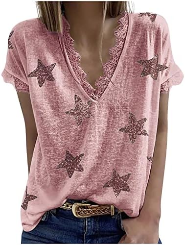 Дами starвезда печати слаби туники блузи чипка против вратот Спандкс блузи бистиерски кратки ракави летни есенски блузи k4