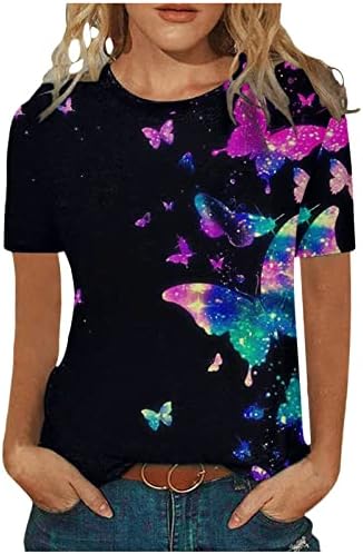 Пеперутка врвот за жени лето 2023 година Туника врвови со кратки ракави екипа на екипаж обична лабава неонска маица за печатење на