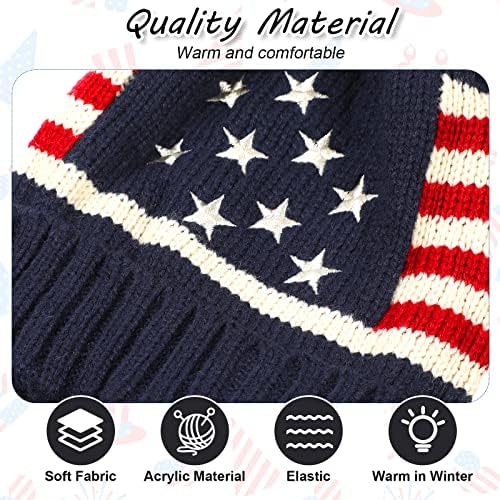 Jeyiour 4 парчиња Американско знаме со знаме со Пом Пом САД знаме плетена манжетна череп -капаче Зима на САД за жени мажи