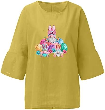 3/4 ракави Велигденски кошули за жени памучни постелнина екипаж на екипаж на врвови, слатки животни, графичка печатена маица за дами